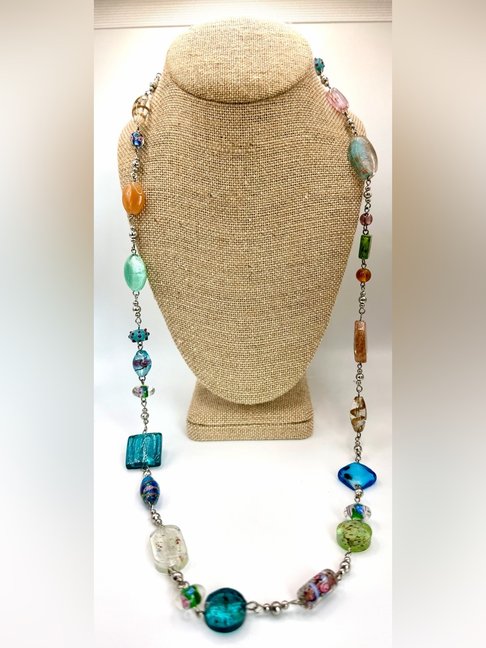 Vintage Premier Designs Murano Style Multicolored Lampwork Glass Necklage